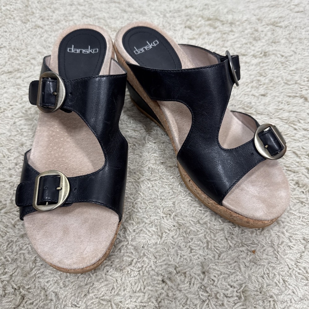 Dansko Carla Black Leather Double Buckle Slide Wedge Comfort Sandals Women's 39